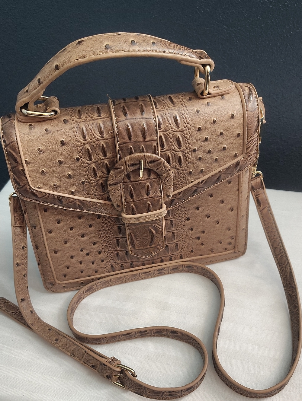 Miztique Faux-Ostrich Crocodile Satchel in Warm Brown with Gold Hardware